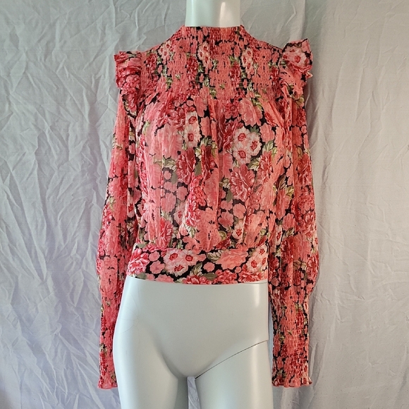 Bardot Tops - Bardot Pink Floral Smocked Blouse Bishop Sleeve Tie Waist Boho Festival Top XS